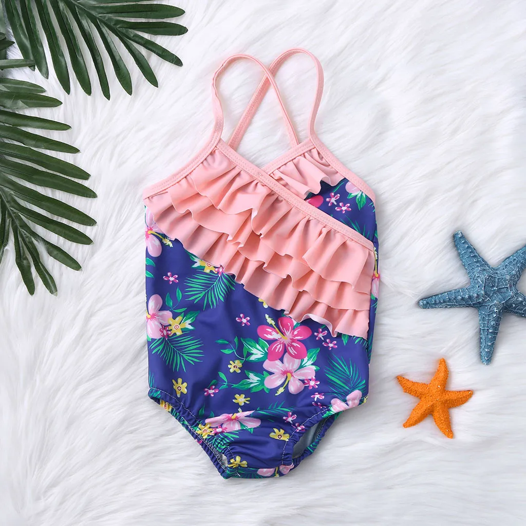 Купальник для маленьких девочек с оборками и цветочным принтом цельный