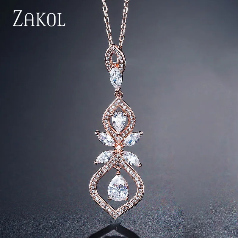 ZAKOL Роскошные циркониевые серьги-люстры, висячие серьги для женщин, юбилейные модные свадебные украшения в виде листьев FSEP308 - Окраска металла: Rose Gold Necklace