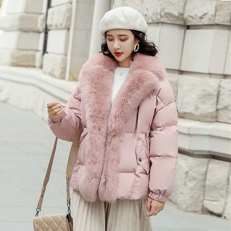 Роскошный женский зимний пуховик с воротником из натурального Лисьего меха 2019