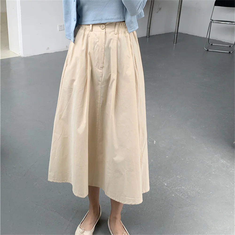 

Hzirip Summer A-Line Elastic-Waist Solid New All Match 2021 Prom Femme Women Fashion High Waist Vintage Loose Casual Long Skirts