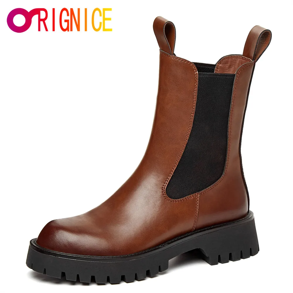

Orignice New Autumn Winter Chelsea Ankle Boots Ladies High Quality Leather Women Thick Bottom Solid Color Slip On Wild Shoes