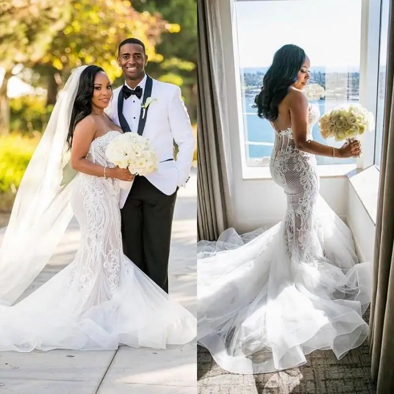 

Sweetheart Sleeveless Lace Beach Mermaid Robes De Mariée Zipper Back Sweep Train Tulle African Wedding Dresses