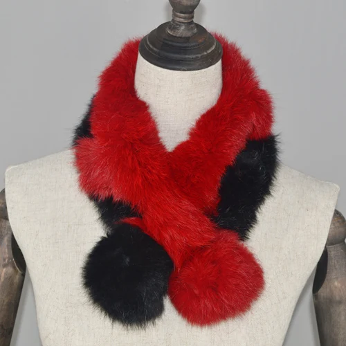red and black Новинка,, женский шарф из натурального кроличьего меха, натуральный мех кролика, теплый мягкий шейный платок, модный шарф из кроличьего меха - Цвет: red and black