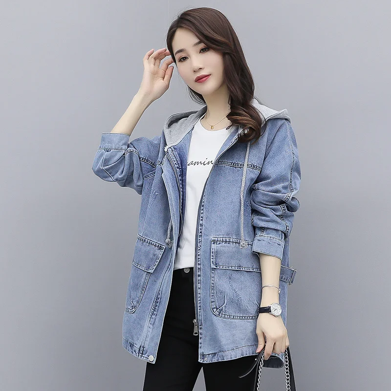 

2021 Spring Autumn New Hooded Denim Coats Women Casual Midi Jean Jackets Plus Size Solid Color Loose Joker Cowboy Outerwear Top