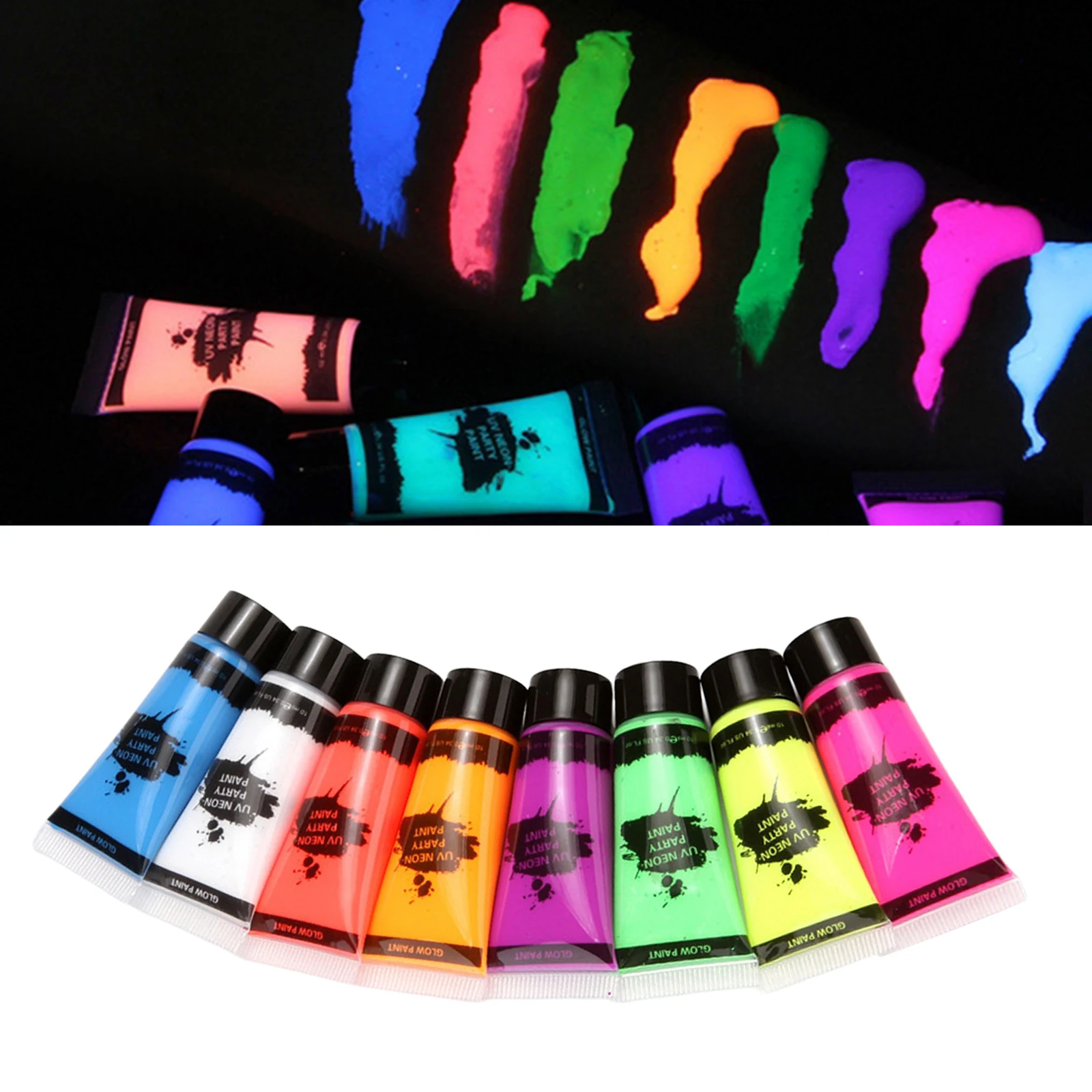 

Glow in Dark Face Body Paint UV Blacklight Neon Fluorescent Palette 0.34oz Set of 8Tubes for Makeup Fancy Dress Party