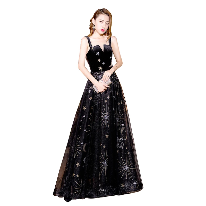 

Star And Moon Embroidered Evening Dresses Sexy Sling Floor Length Banquet Prom Gown Women Plus Size Dress