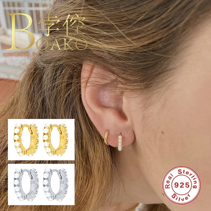 

BOAKO Pearl Earrings For Women 925 Sterling Silver Earrings Hoop Round Earcuff Jewelry Piercing Earings Aros Women #9.2