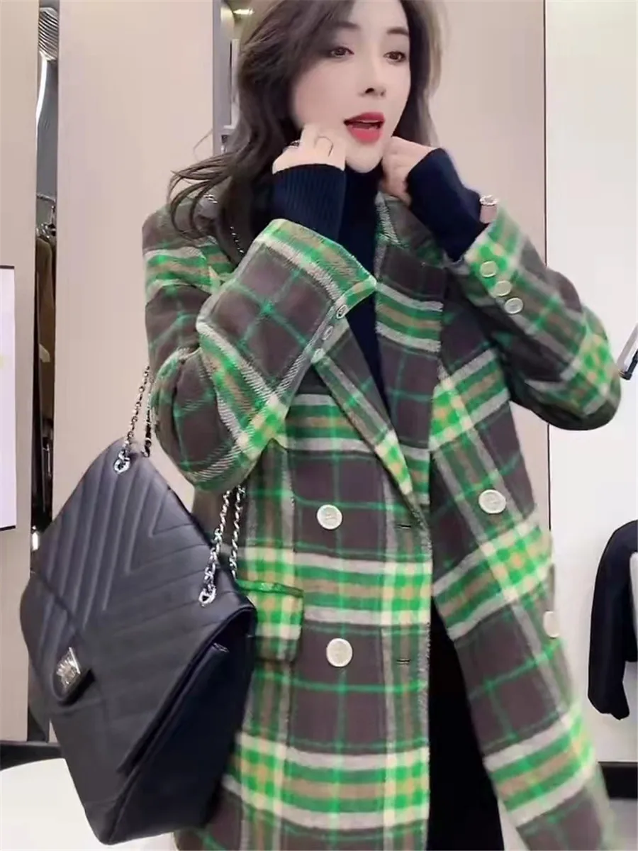 Autumn and Winter 2021 New Quilted Suit Jacket Women Wild Thick Fried Street Contrast Green Plaid Top Tide Blazer Women