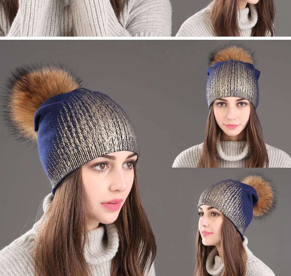 Wuaumx женские зимние шапки Skullies Beanies, шапка для женщин из натурального меха енота, вязаная шерстяная шапка с помпоном, шапка с серебристым и золотистым принтом