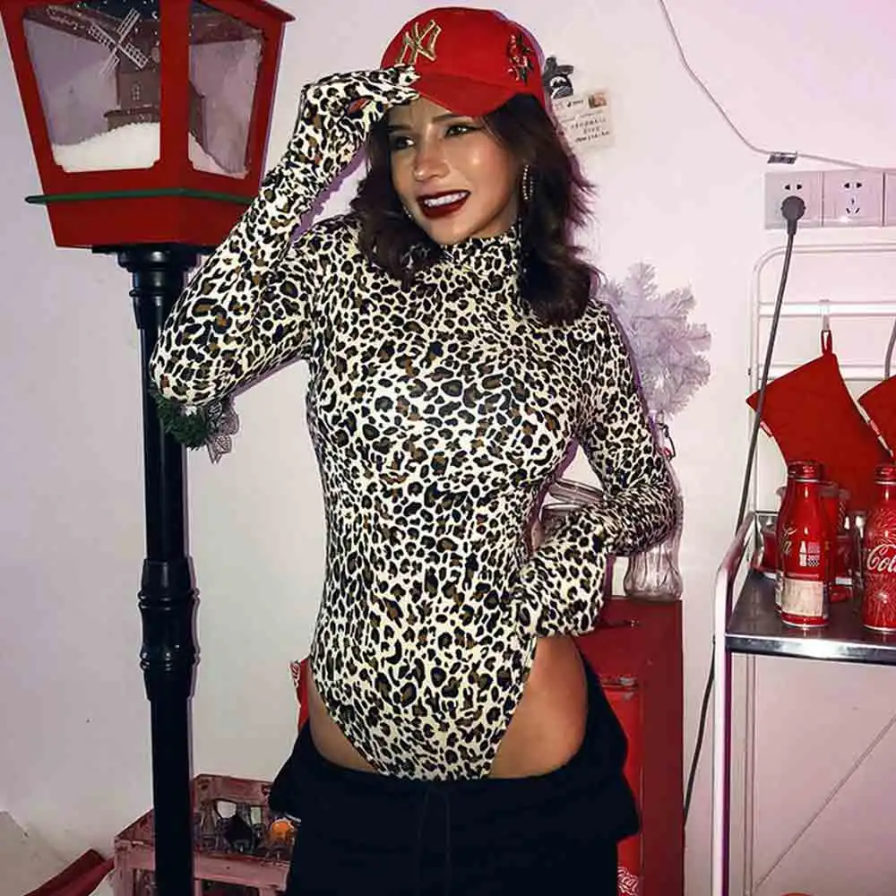 

Autumn Winter Leopard Print Bodysuit for Women Sexy Bodycon Skinny Elastic Turtleneck Long Sleeve Gloves Sexy jumpsuit
