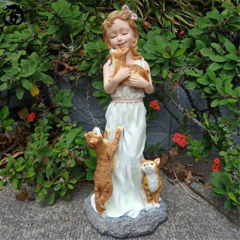 

WU CHEN LONG Garden Cute Cat Girl Resin Courtyard Villa Simulation Animal Sculpture Craft Home Balcony Figurine Decoration R6821