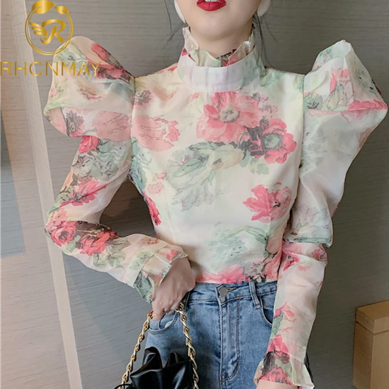 Цветочные блузки с длинным рукавом кружевные рюшами и воротником стойкой