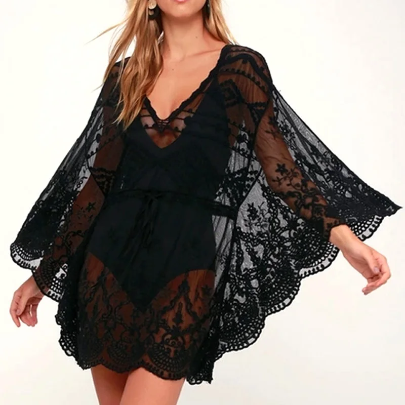 Новые накидки на бикини летняя женская кружевная пляжная одежда белый и черный