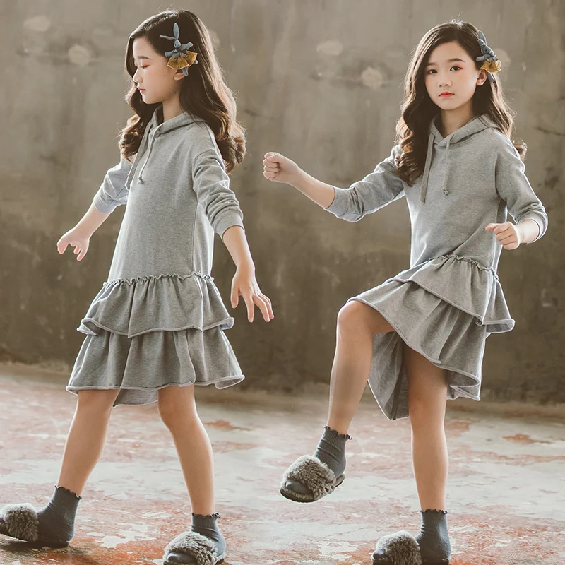 

Girls Dress Full Sleeve Casual Autumn Spring Wear Cute Children Fashion Toddler Kids Baby Girls Gray Dresses Clothes Child