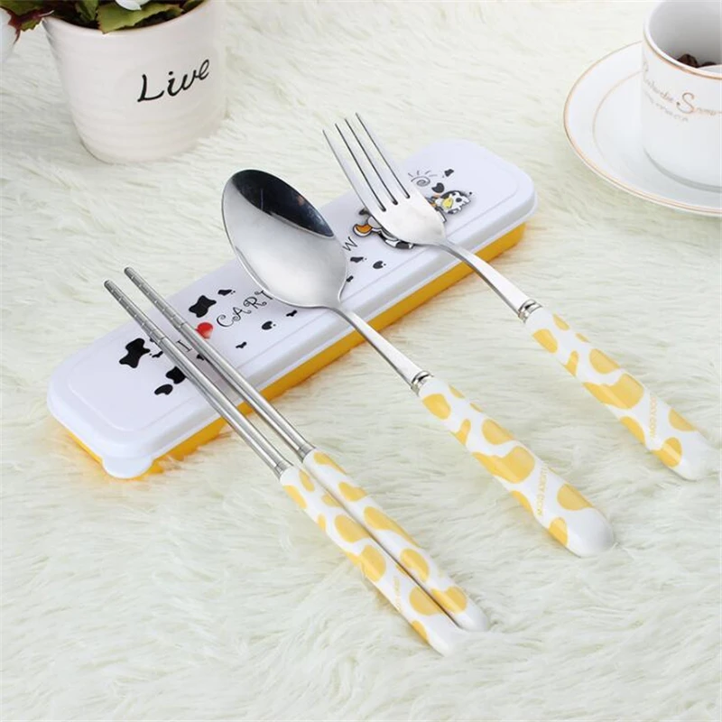

Baby Kids Cute Fork Spoon Cutlery Set Cartoon Ceramic Handle Stainless Steel Children Chopsticks Fork Cutlery Portable Tableware