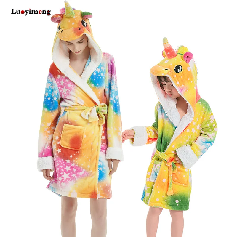 Cartoon Kids Robes Flannel Unicorn Boys Girls Robes Tiger Animal Hooded Bath Robes Long Sleeve Baby Boy Bathrobe Child Clothing