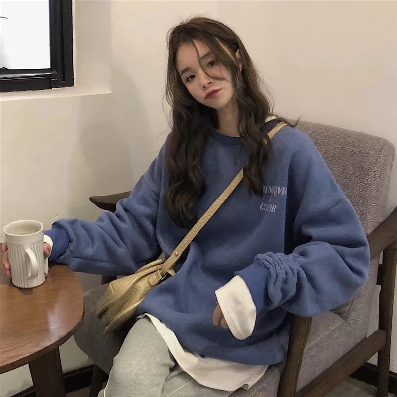 

Korean Style Vogue Letter Print Top Female 2019 Autumn O-neck Long-sleeve Loose Slim Pullover Plush Top Female Roupas Feminina