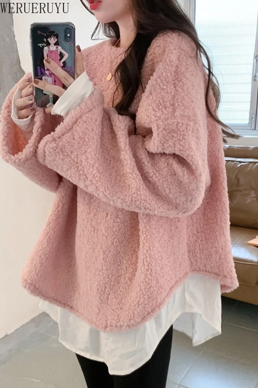 

WERUERUYU 2020 Autumn Winter Women Lamb Wool Sweater Fashion Loose Female Fake two Pullover Tops