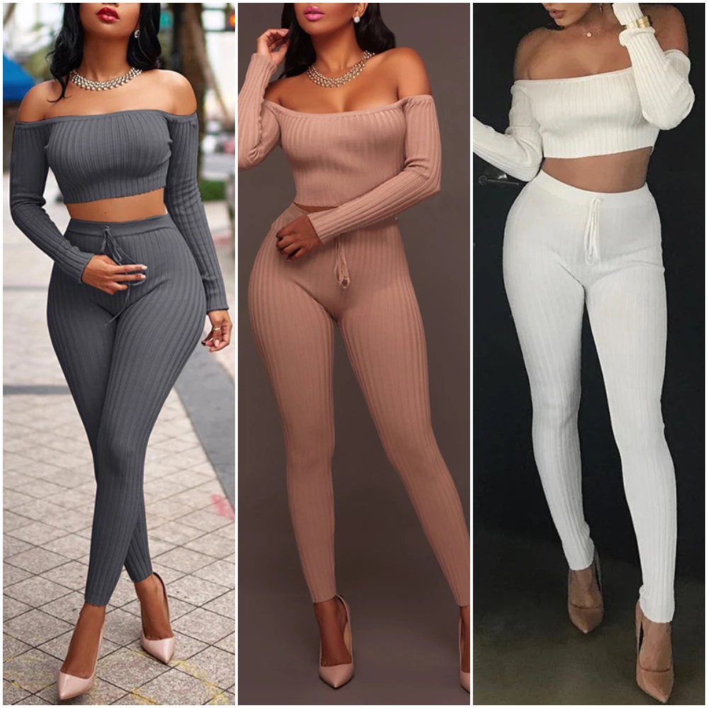 

Explosive Return Spot 2 Piece Suits Women Off Shoulder Sexy Crop Top Long Pants Set Fashion Casual Outfits Womens Clothes 2PCS