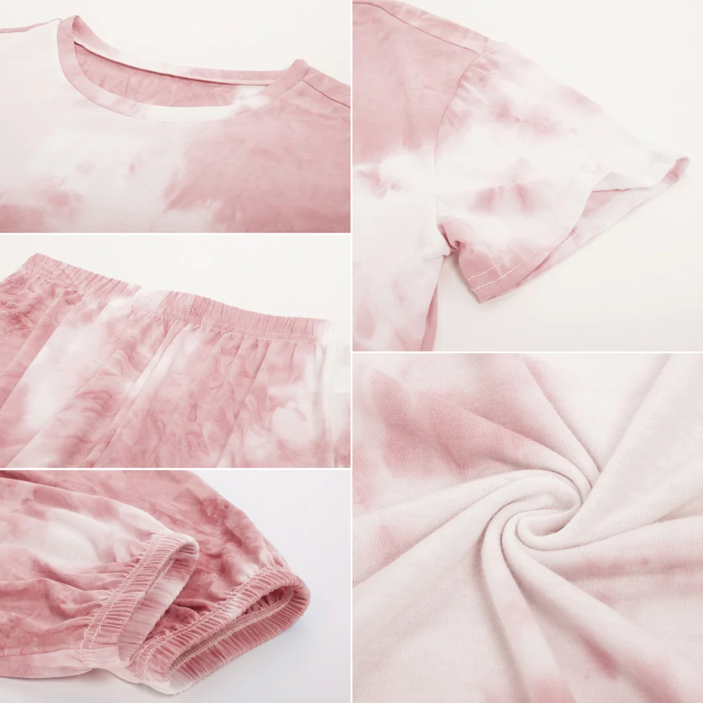 

Kate Kasin Women Pajama Short Sleeve Round Neck Tops with tie-dye Pants Lounge Sets