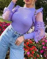 sweater womens fashion pullover 2021 womens spring and autumn casual sweater contrast mesh sleeve frill hem sweater