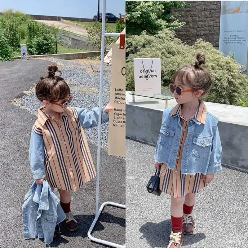 

Платье в полоску для девочек, элегантное джинсовое платье в стиле пэчворк, голубой жилет и платье для детей, 2 шт./компл., весна-осень цвета ха...