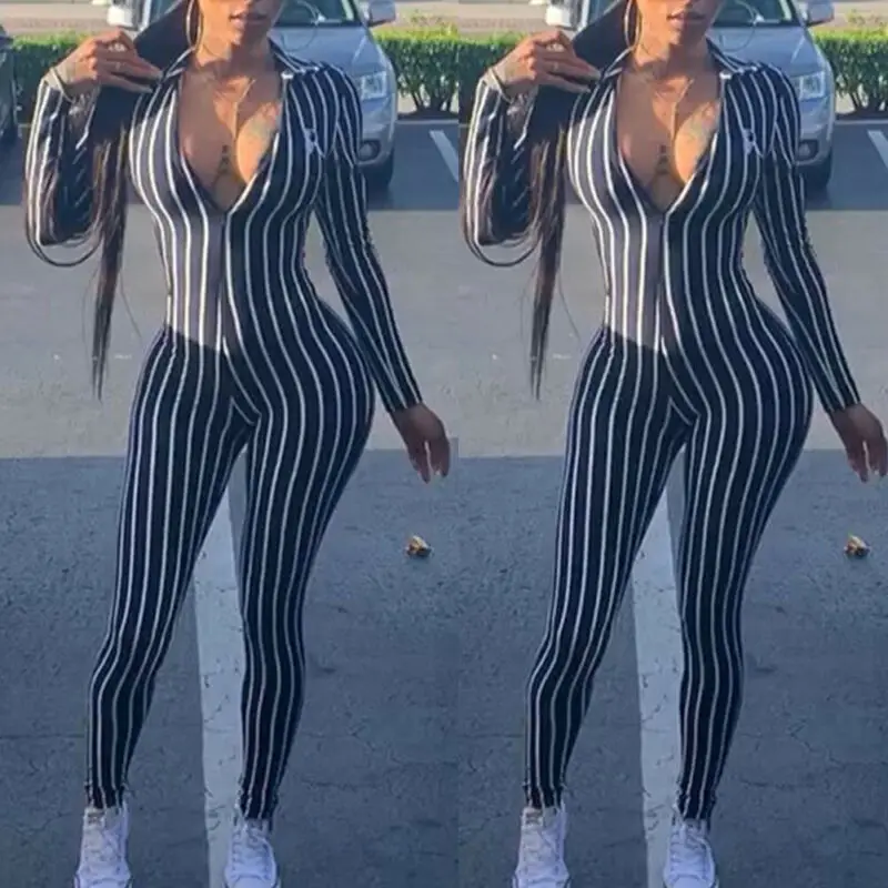 Women Jumpsuit Sexy Deep V-Neck Zipper Stretch Long Sleeve Bodycon Club Striped Playsuit Leotard | Женская одежда