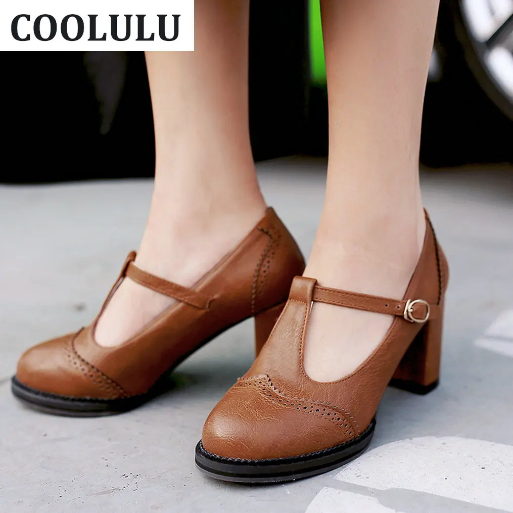 

COOLULU Women T Strap Mary Janes Chunky High Heel Wingtip Pumps Oxford Vintage Shoes All Match Ladies Block Heel Pumps Shoes