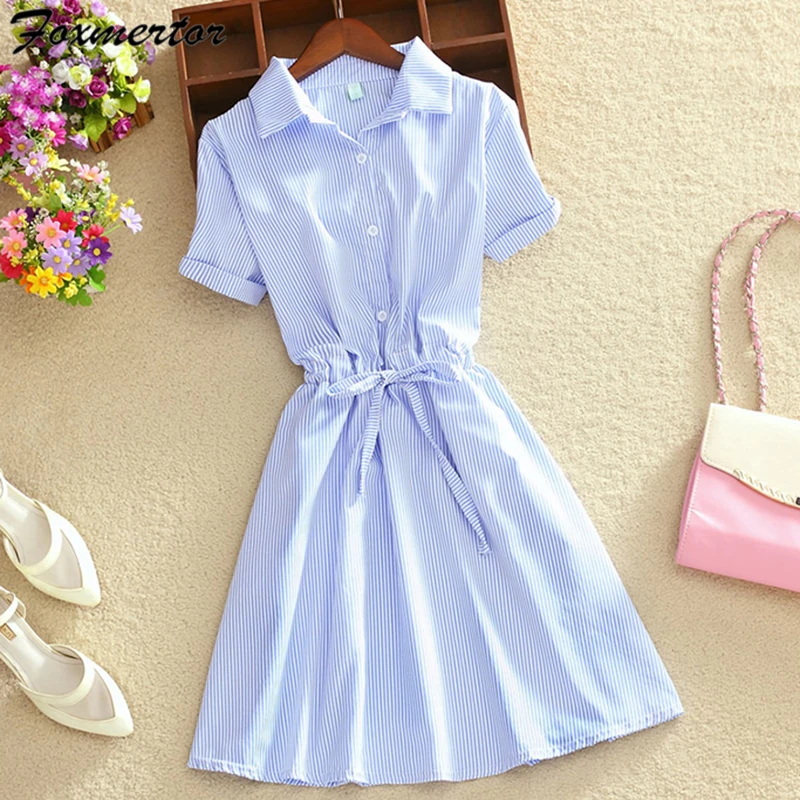 

2021 Summer Women Dress Office Ladies Dress Shirt Elegant Blue Stripped Turn Down Collar Mini Dress Short Sleeve