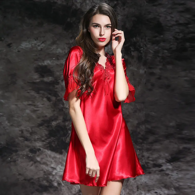 Lace Night Dress Sexy Silk Satin Sleepwear Short Sleeve Nighty V-neck Nightgown Lace Nightwear Women Summer Home Soft Clothing