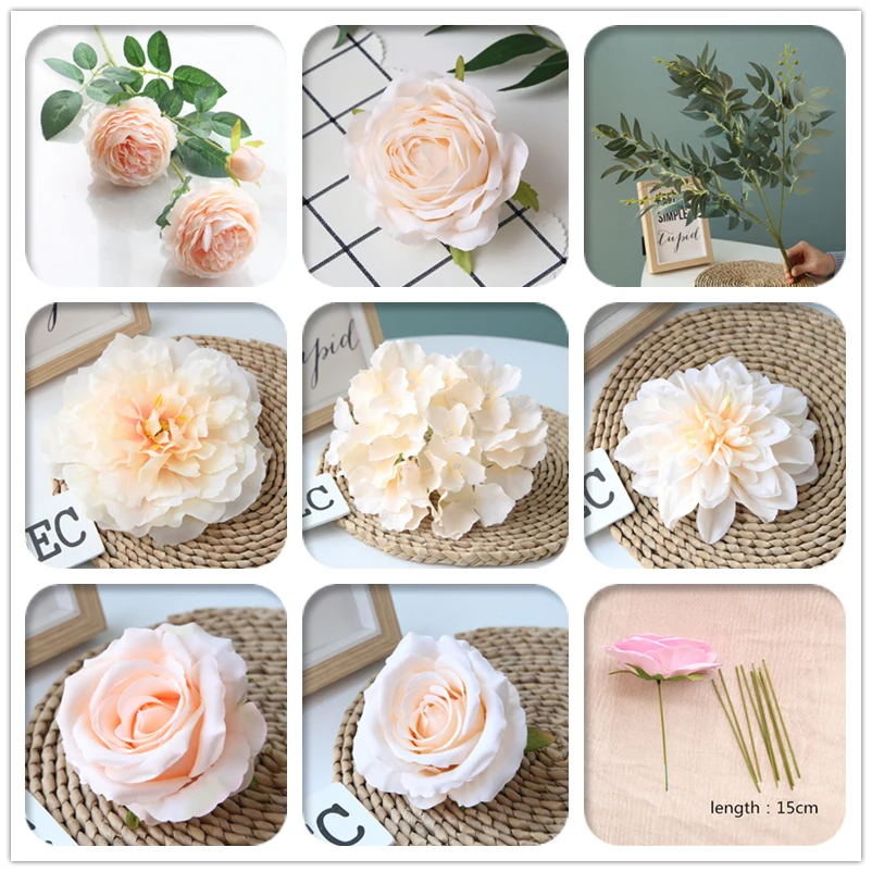 

Champagne Color Artificial Flower Wedding Rose Peony Hydrangea Bridal Bouquet Wedding Decoration DIY Home Party Fake Flowers
