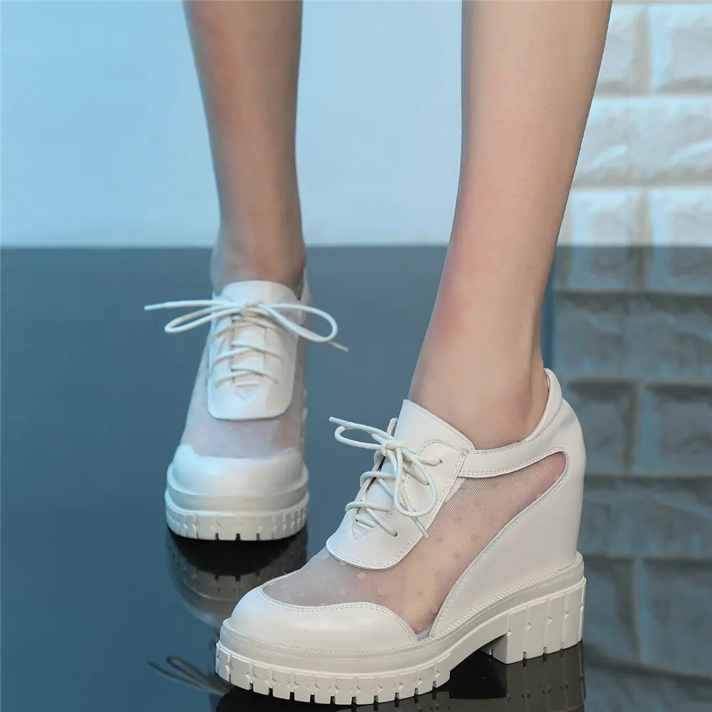 Summer Fashion Sneakers Women Genuine Leather High Heel Ankle Boots Female Breathable Lace Round Toe Platform Pumps Casual Shoes