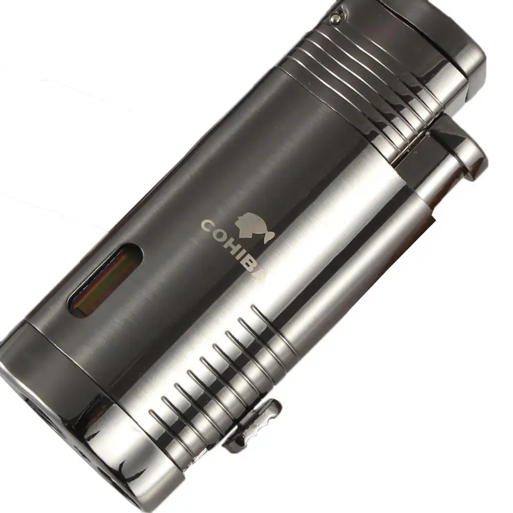 COHIBA зажигалка газовая бутан 3 пламя струйный фонарь зажигалки для сигарет ветрозащитная Мужская металлическая зажигалка для сигар многоразовая
