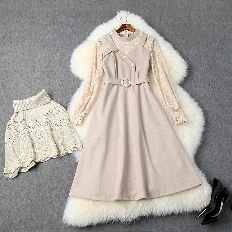 Кружевное платье с длинными рукавами 2019 новый уличный осенний теплый комплект