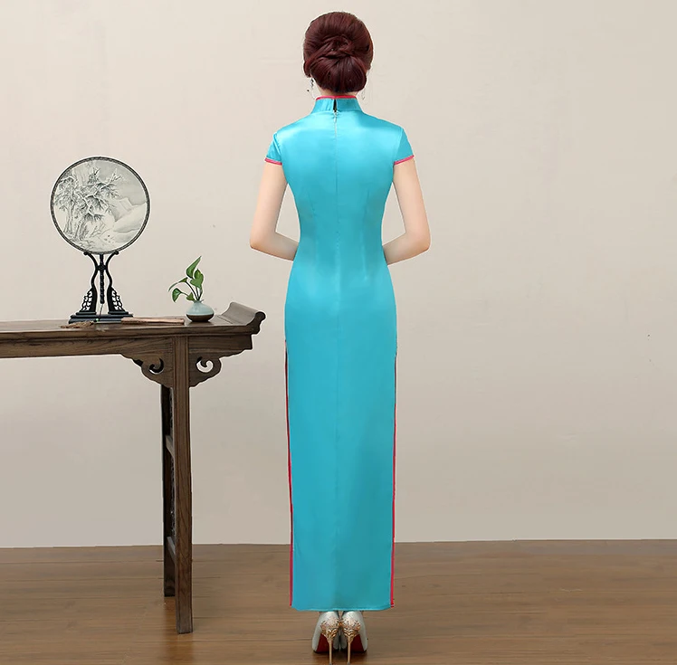 Light Blue Womens Short Sleeve Dress Long Cheongsam Oriental Wedding Party Qipao Chinese Style Elegant Gown Clothes Vestido |