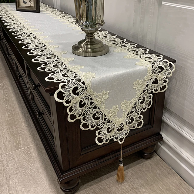 

Oval Table Runner embroidered Tea Table Europe TV Cabinet Tablecloth Lace Pendant tassel Dresser Table flag Shoe Dust Cover HM98