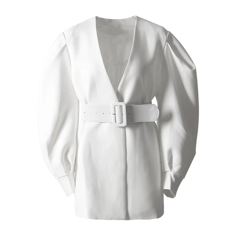 

DEAT 2021 new spring fashion women clothes V-neck court styles lantern sleeves waist jacket wide belts female WE37206