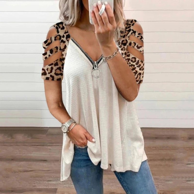 

New Summer Sexy Low-cut Zipper Leopard Print Off-the-shoulder Short Sleeve Loose T-shirts
