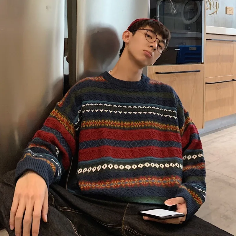2019 осенне зимний Полосатый жаккардовый свитер с круглым вырезом в национальном