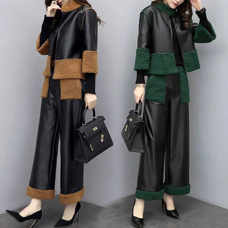 

newest black color long sleeve pu leather coat Pant Two Piece Set Women Clothing