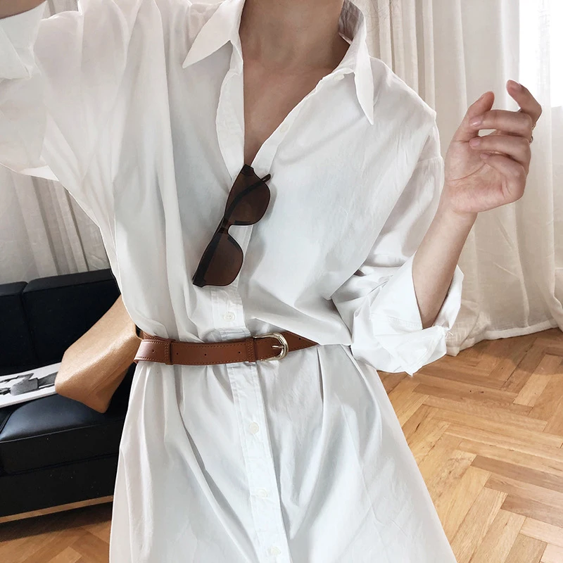 

[EAM] Women White Blue Brief Big Size Long Blouse New Lapel Long Sleeve Loose Fit Shirt Fashion Tide Spring Autumn 2021 1Y652