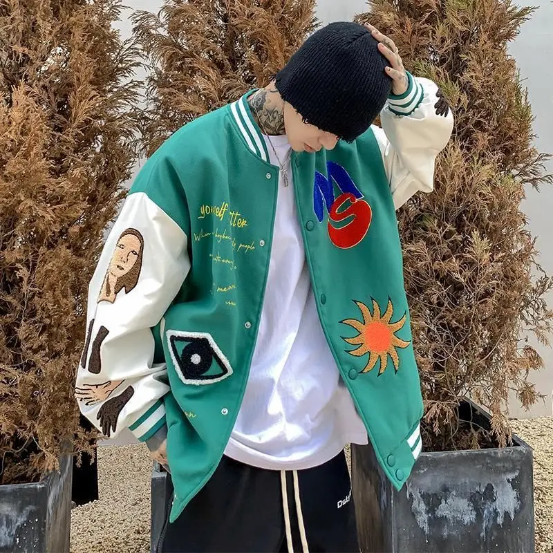 

High street baseball jacket men's embroidered printed jacket 2021 autumn new American vintage preppy hip-hop style coat trend