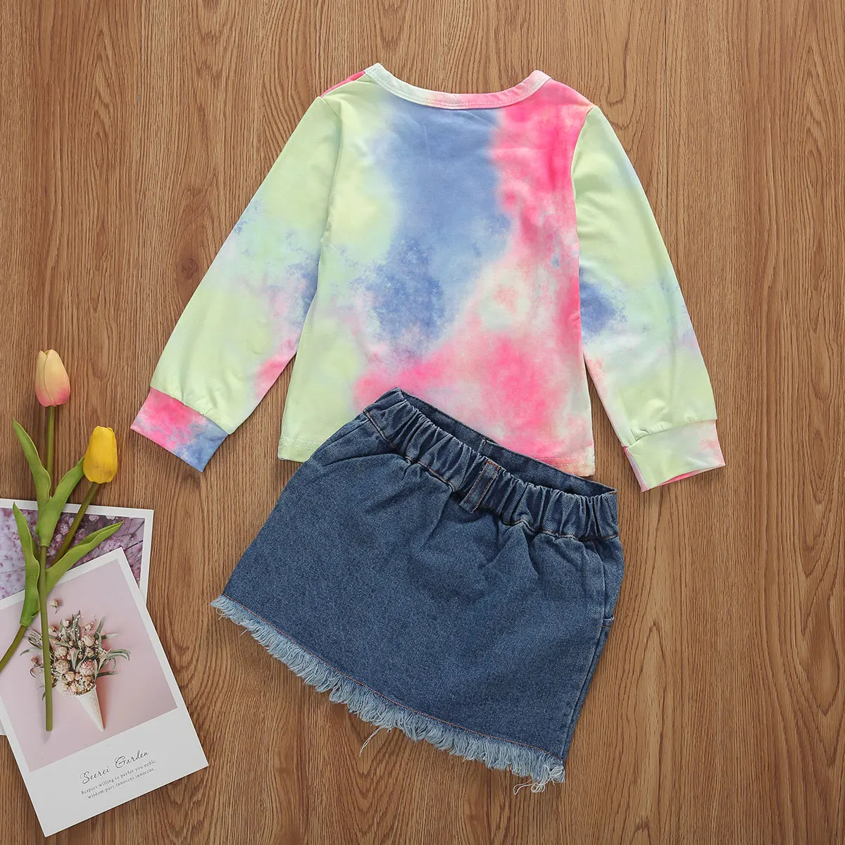 2 шт. футболка с длинным рукавом и джинсовая юбка|Комплекты одежды для девочек| |