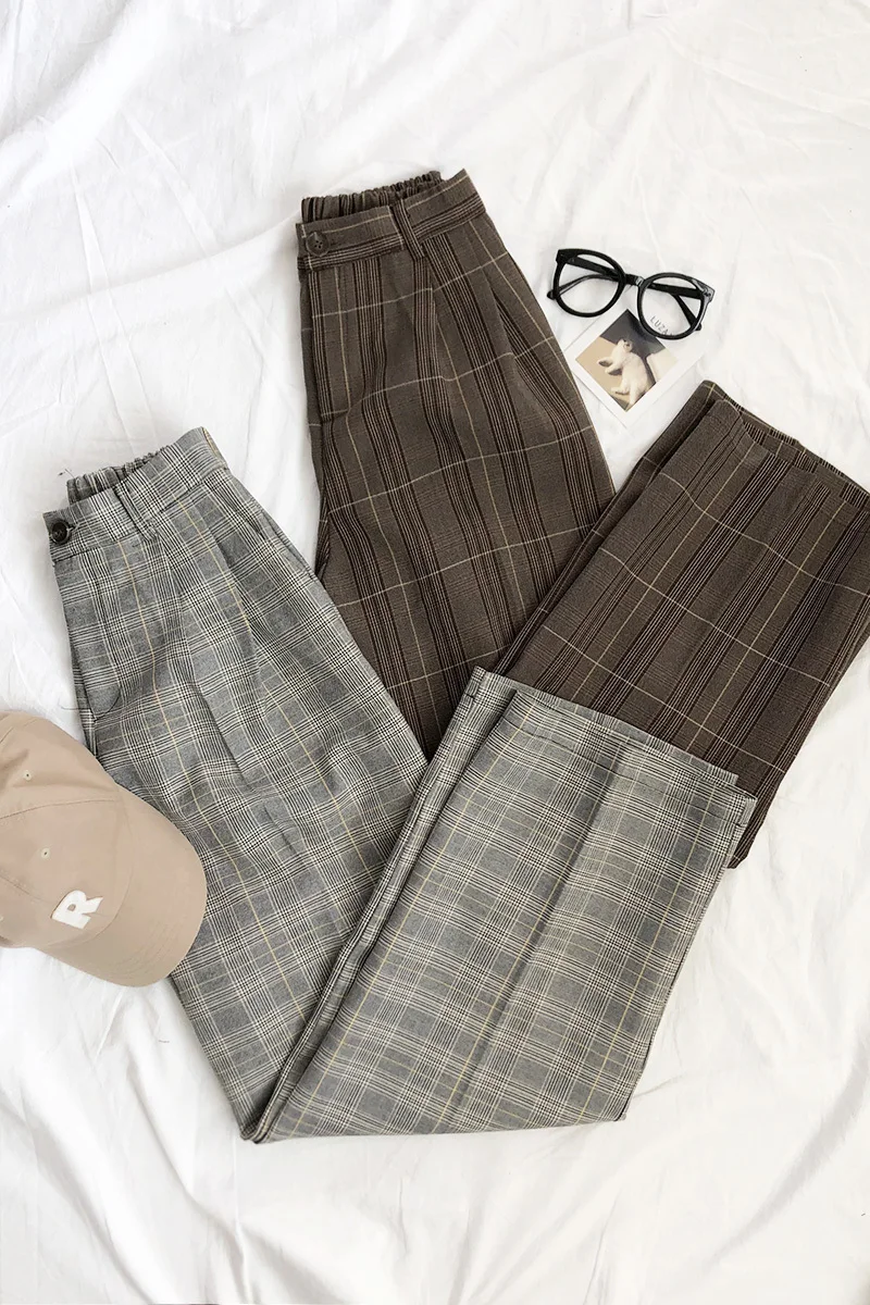 

Spring Women Pants Plaid High Waist Dropping Feeling High Waist Wide Leg Long Suit Pants