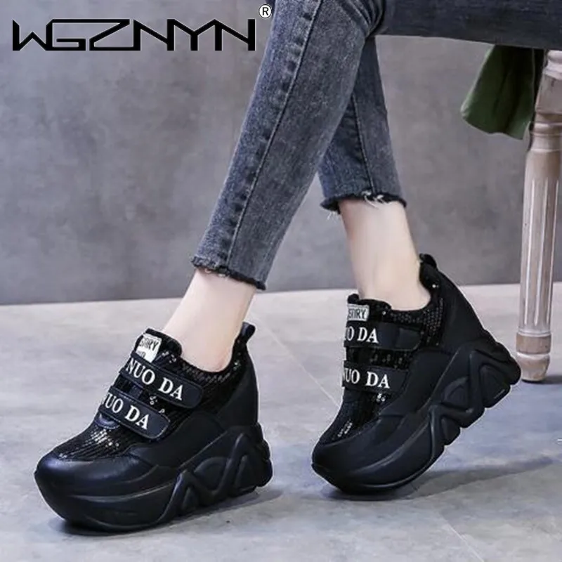 

Женские кроссовки на очень высокой танкетке, Повседневная Уличная обувь, на липучке, удобная обувь на платформе