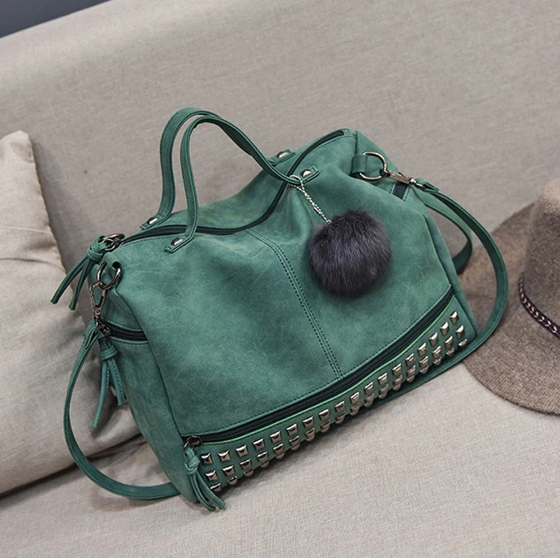 

Vintage Nubuck Leather Ladies Handbag Rivet Large Bags Hair Ball Women Shoulder Bag Motorcycle Messenger Top-Handle Bag
