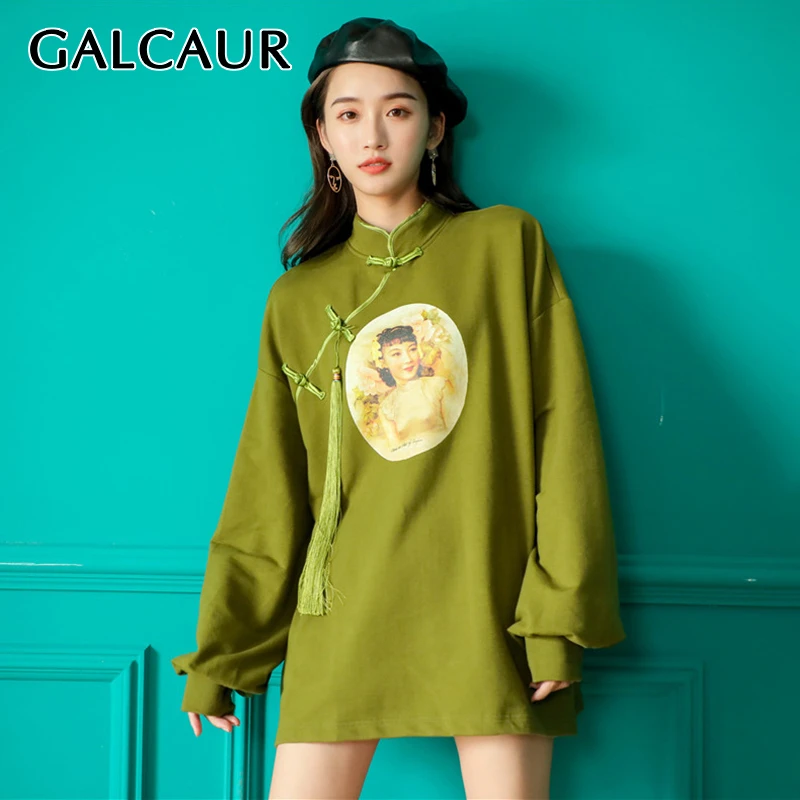 Женское платье с кисточками GALCAUR винтажное длинным рукавом и воротником стойкой