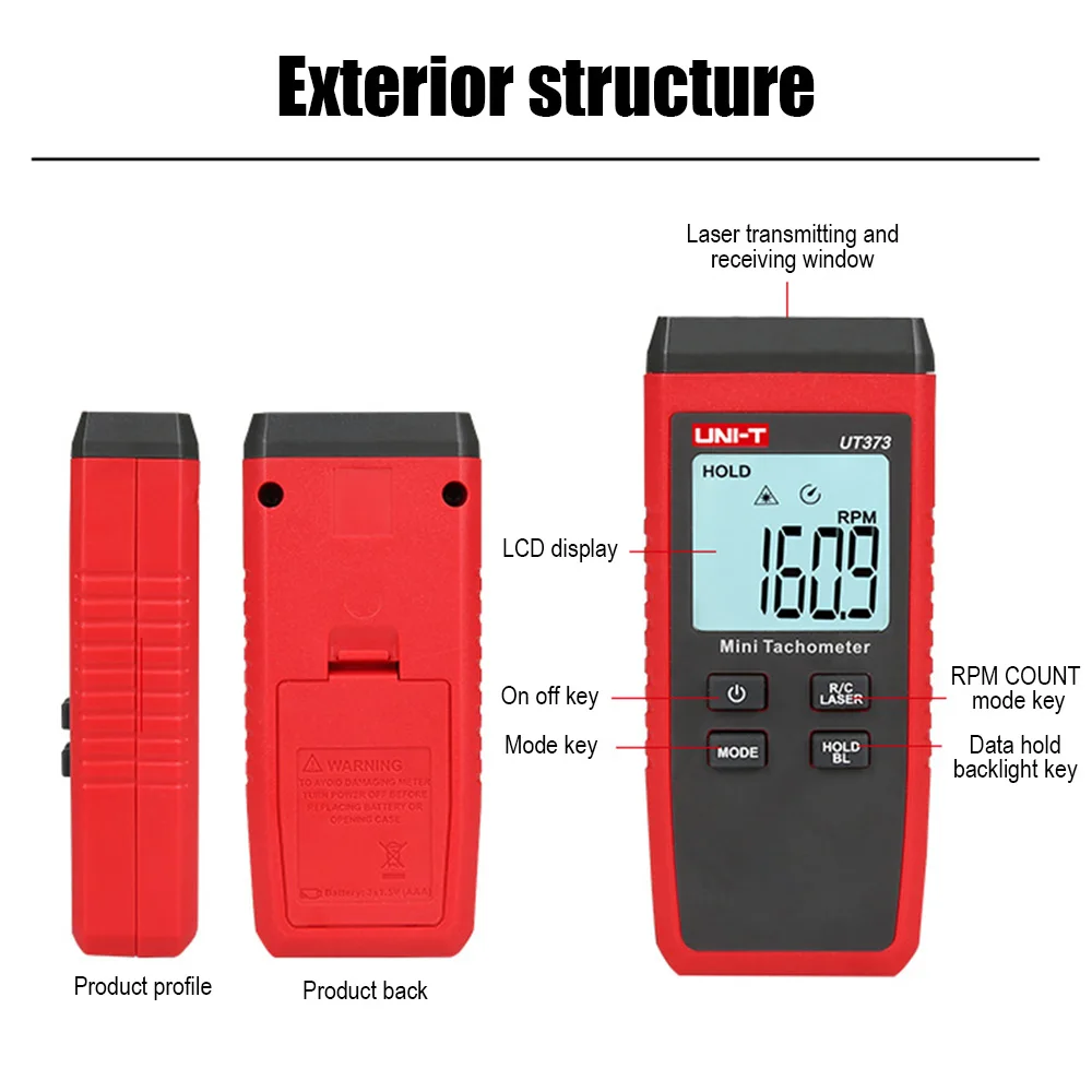 

UNI-T UT373 Mini Non-Contact Digital Tachometer Measuring Range 10-99999RPM Non-Contact Tachometer Odometer With Backlight