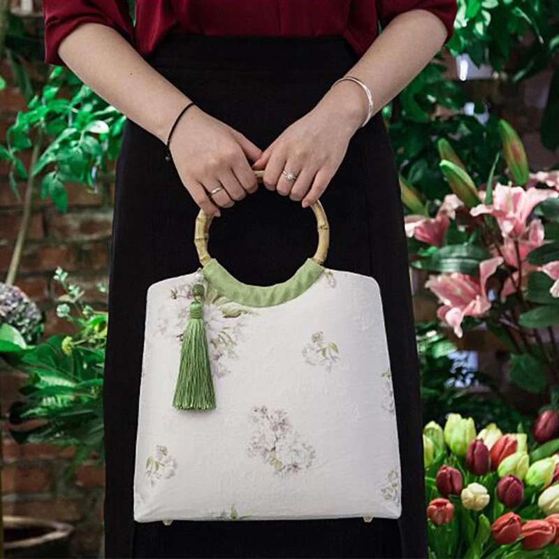 

Angelatracy 2020 Floral Fashion DIY Floral Tassel Bamboo Handle Material Kit Bag bolsa Women Fashion Totes Handbag