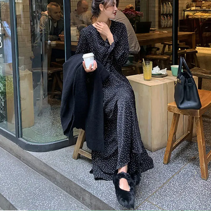 

Women's Spring Summer Style Chiffon Dress Women's Polka Dot V-neck Draped Long Sleeve Elegant Vintage Dress SS1754